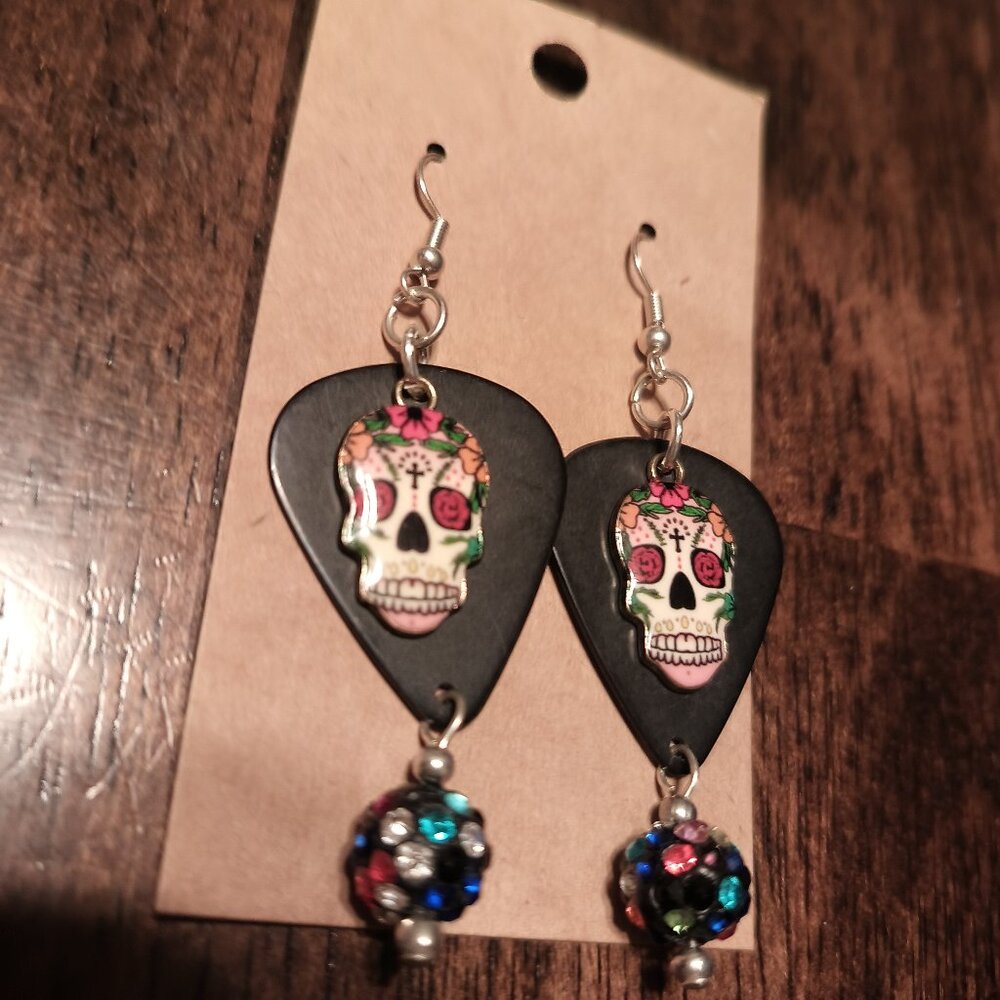 SUGAR SKULLS CHARMS ON BLACK GUITAR PICK EARRINGS